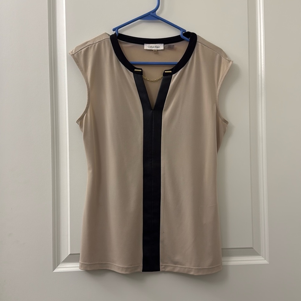 Calvin Klein Beige Sleeveless Top with Black Trim & Gold Chain Accent